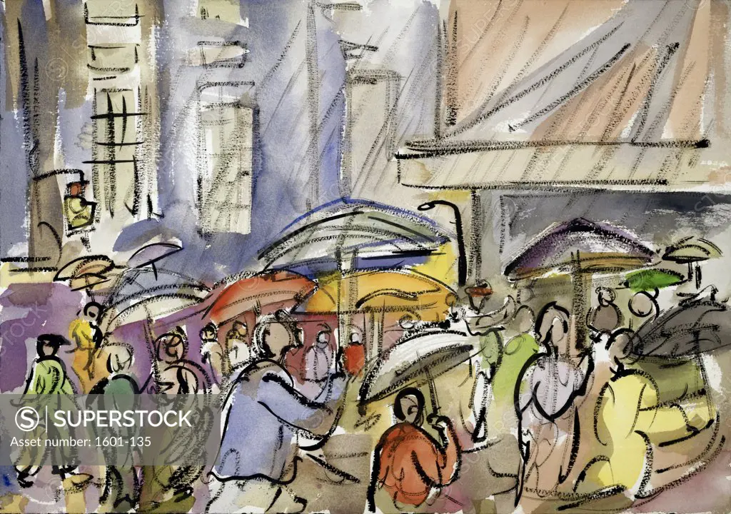 Rain, Midtown, 1998, Richard H. Fox (b.1960/American), Watercolor & Ink on Paper