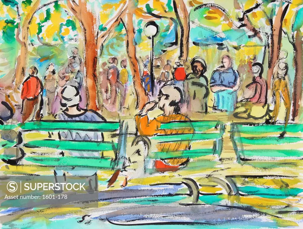 Washington Square, Sunday, 2000, Richard H. Fox (b.1960/American), Watercolor & Ink on Paper