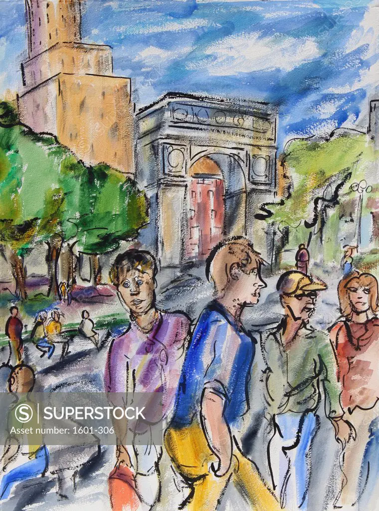 Pedestrians on a street with Washington Square Arch in the background, New York City, New York State, USA