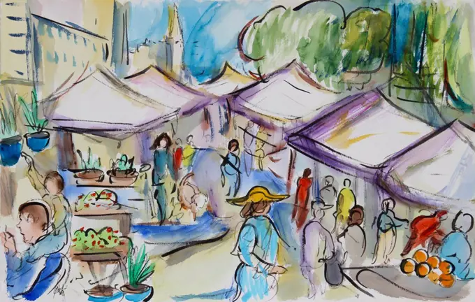 At the Market, Union Square, 2015, Richard H. Fox (b.1960/American), Watercolor and Ink on Paper