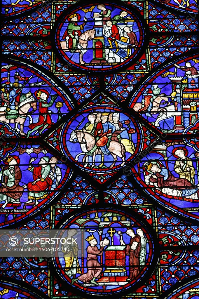 France, Eure-et-Loir, Chartres, Notre-Dame de Chartres cathedral.  Stained glass