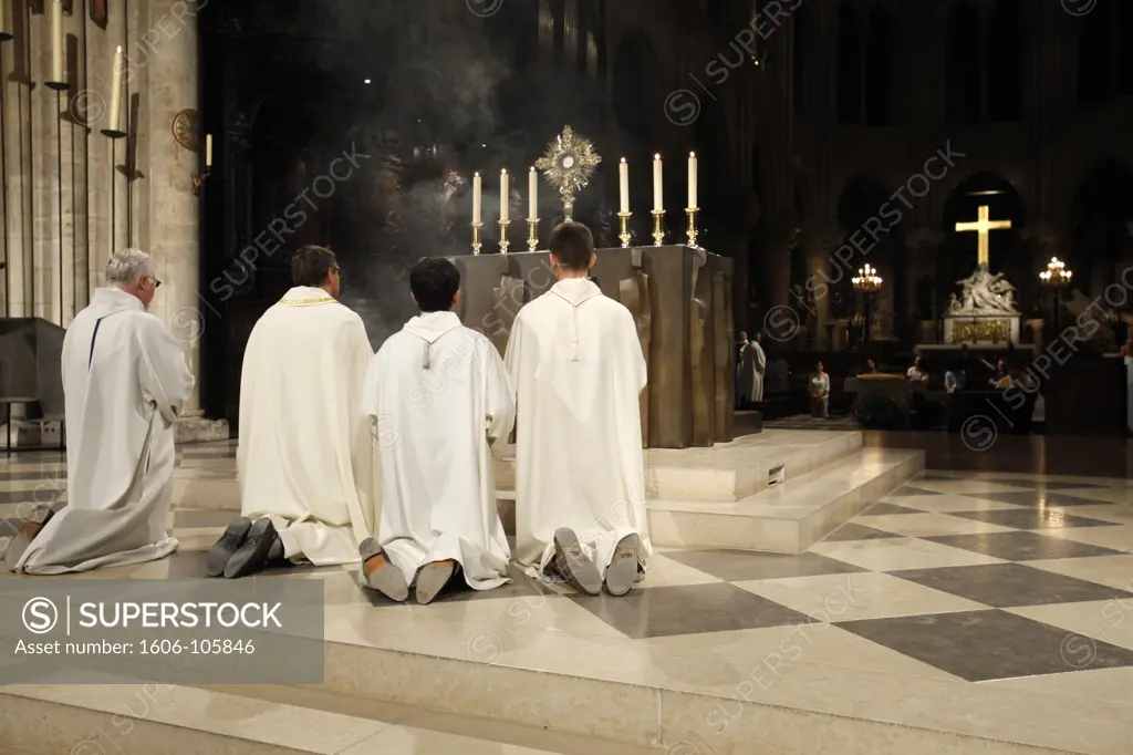 France, Paris, Holy sacrament adoration in Notre Dame de Paris cathedral