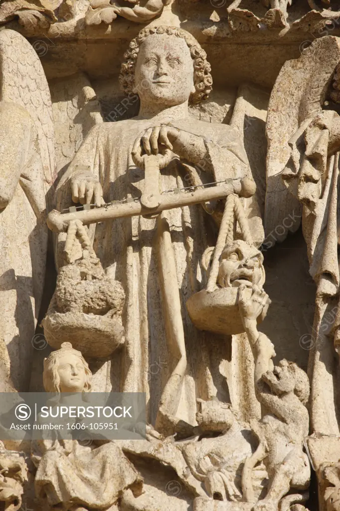 France, Somme, Amiens, Amiens cathedral. Central gate Last judgment tympanum   Saint Michael and the weighing of souls