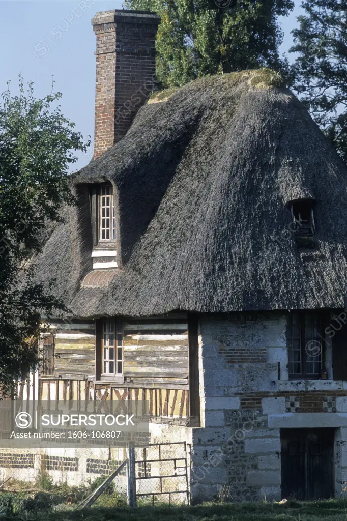 France, Haute Normandie, Eure (27), Marais Vernier (Quillebeuf sur Seine area) thatched cottage