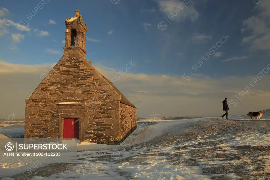 France, Brittany, Finistre, Monts d'Arre, Mont St Michel de Brasparts, chapel in winter
