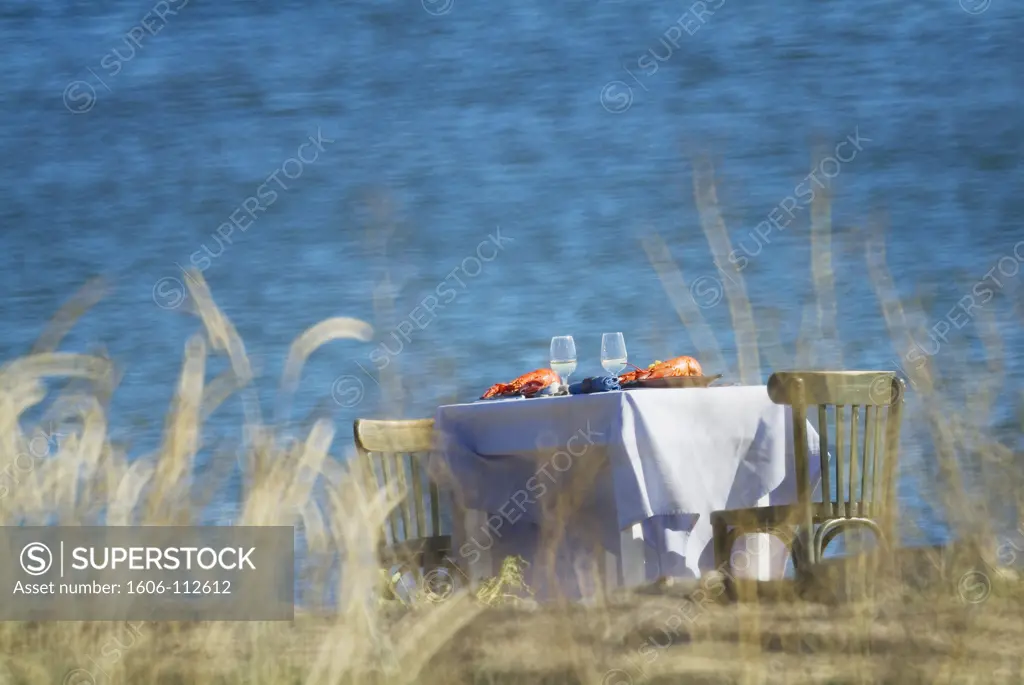 Laid table with lobster and white wine on seaside