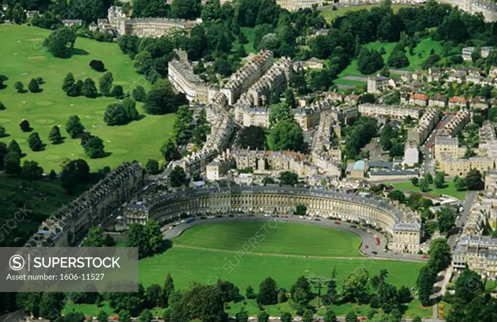Great Britain, England, Bath, Royal Crescent and the Circus, aerial view