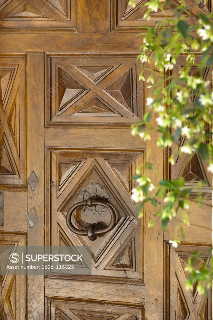 France, Alpes de Haute Provence, Simiane la Rotonde, detail of door