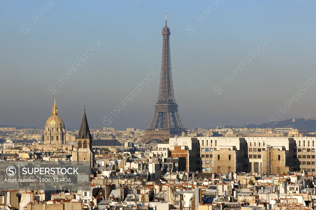 France, Paris, Eiffel tower and Invalides dome view from Notre Dame cathedral