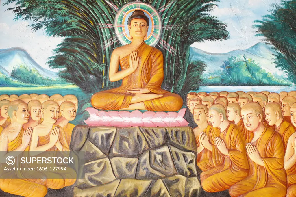 Cambodia, Siem Reap, Siem Reap, Preah Prom Rath Monastery.  Life of the Buddha.  Instructing the assembly arahants.   Cambodia.