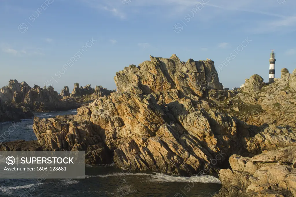 France, Brittany, Finistère, Ouessant island, Porz Men headland and Creac'h lighthouse