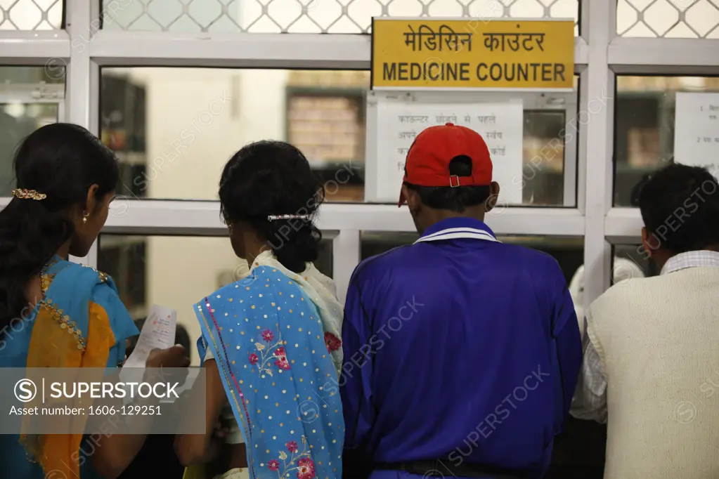India, Uttarhakand, Haridwar. Medicine counter at Patanjali Yog Vidyapith hospital India.