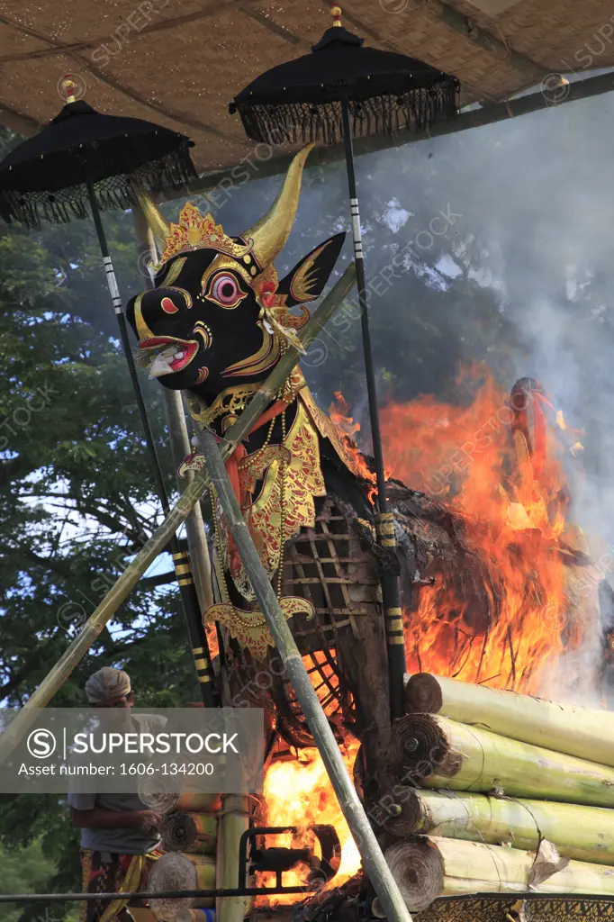 Indonesia, Bali, cremation ceremony, the cremation animal, bull figure, burning,