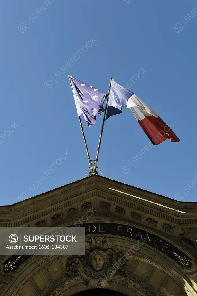 France, Paris, Banque de France, European and French flags