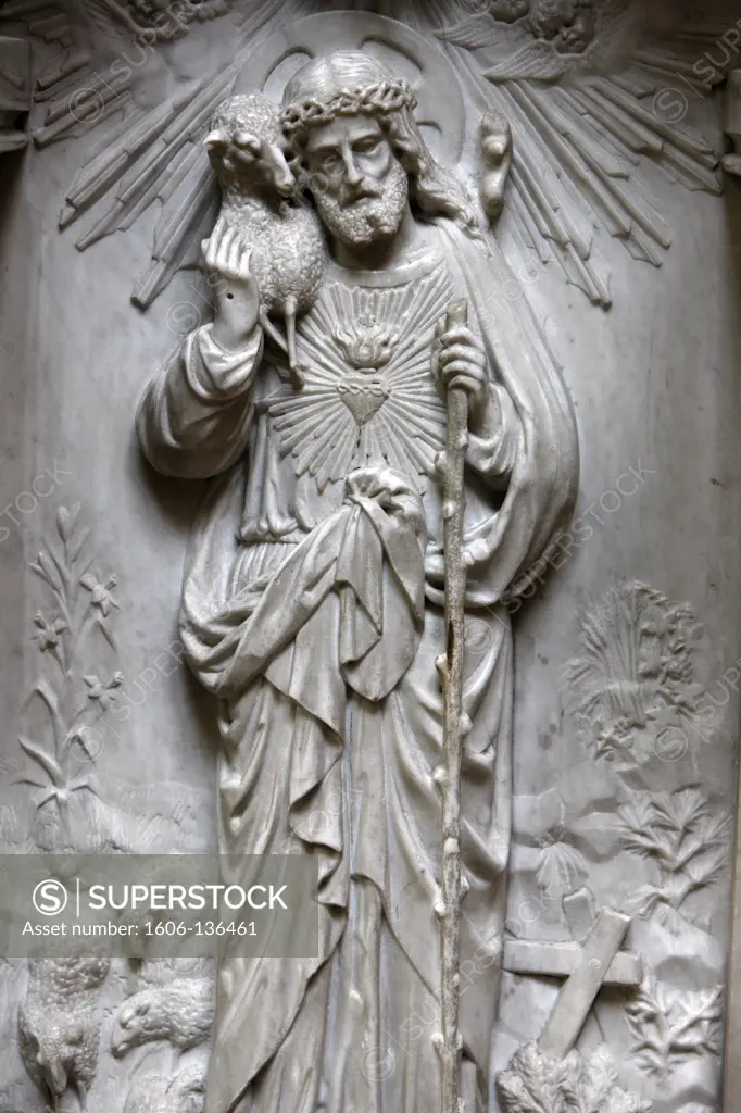 France, Calvados, Bayeux. Sculpture depicting Jesus as a shepherd in Notre Dame de Bayeux cathedral France