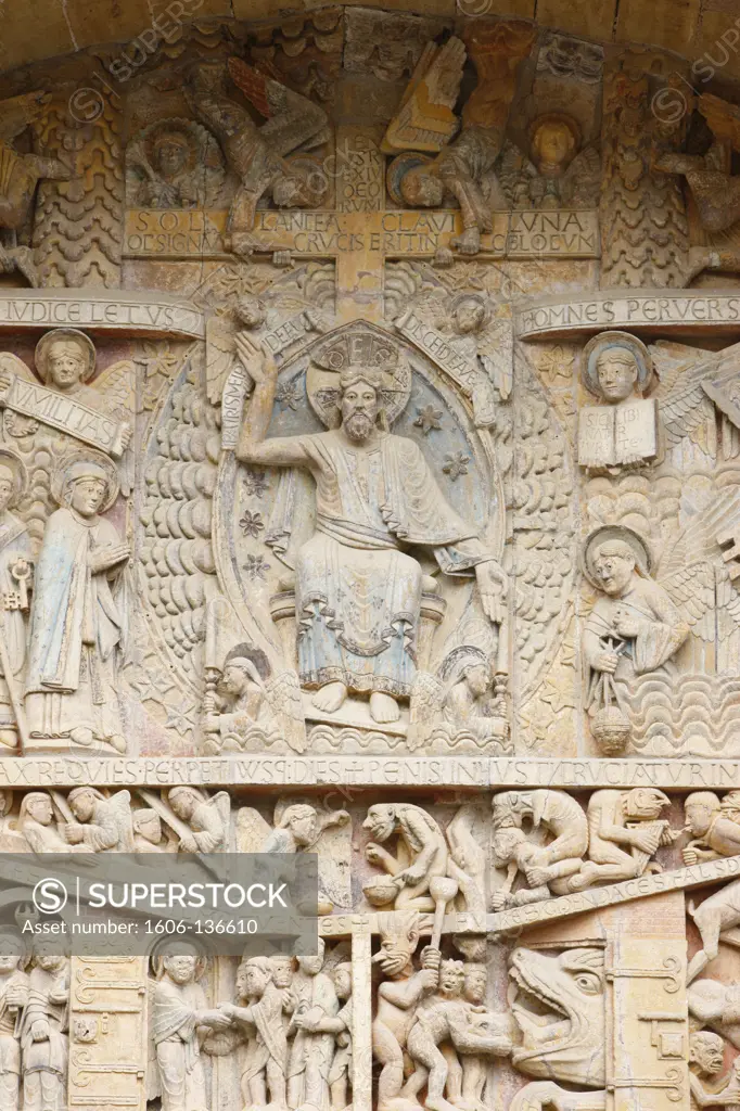 France, Aveyron, Conques. Sainte Foy abbey church tympanum : Christ in Glory & Last Judgment France