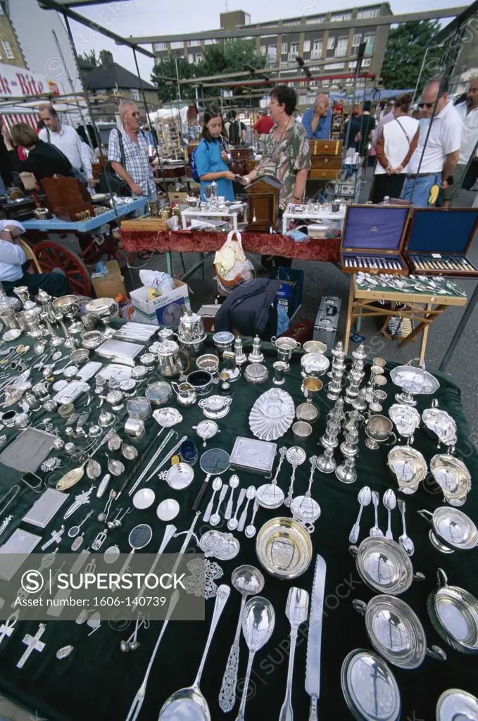 England, London, Portobello Road Antique Market / Antique Silver Cutlery