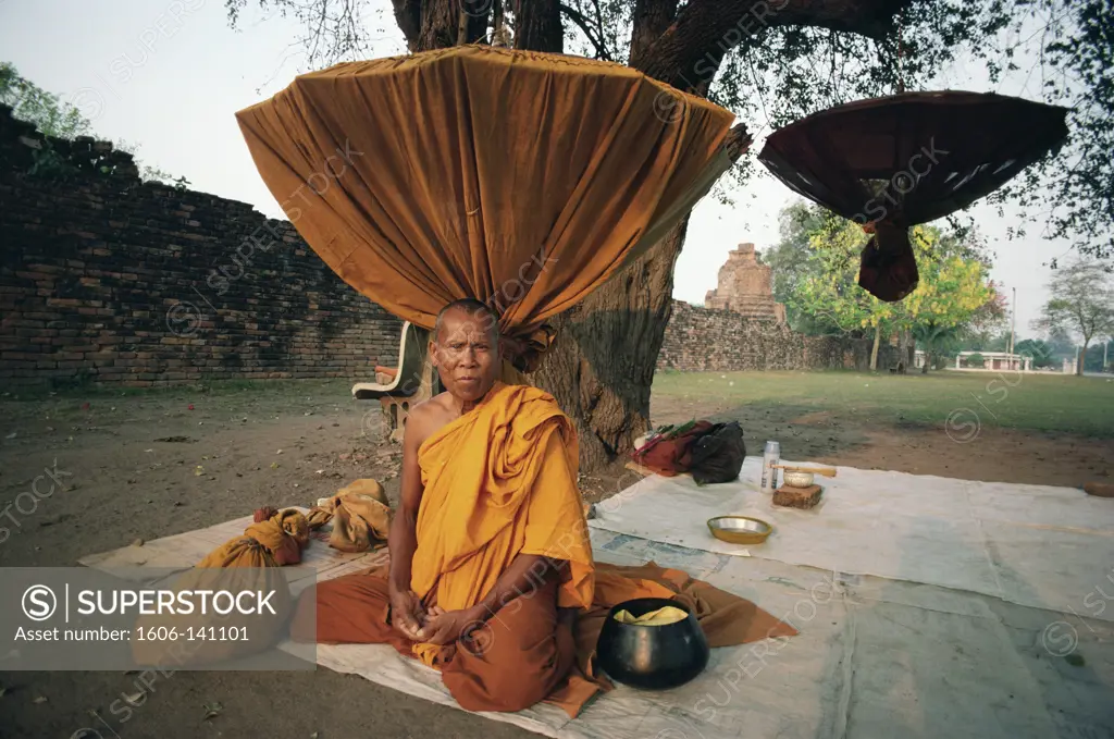 Thailand,Aytthaya,Monk Sitting Under Tree near Wat Phra Sri Samphet