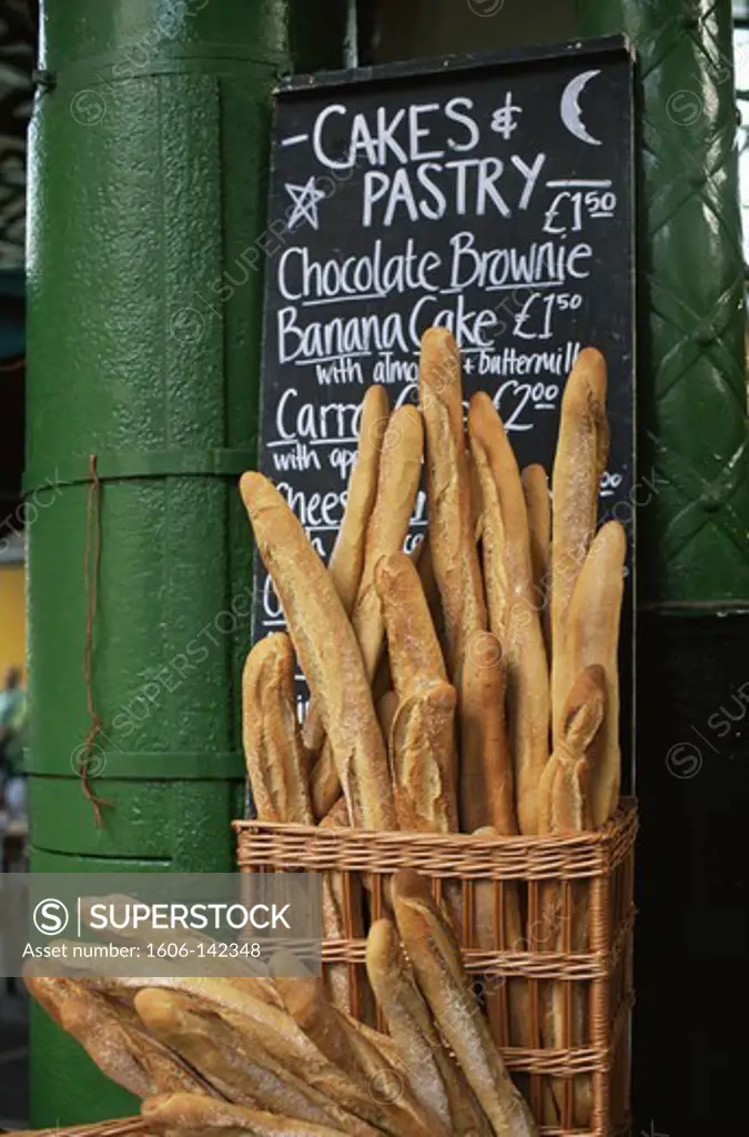 England,London,Southwark,Borough Market,Bread Stall,Basket of Baguettes