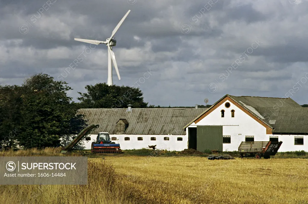 Denmark, Jutland, Sorthede, farm and wind turbine