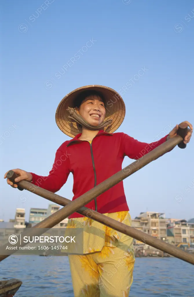 Vietnam, Mekong Delta, Cantho, Boat Woman on Mekong River