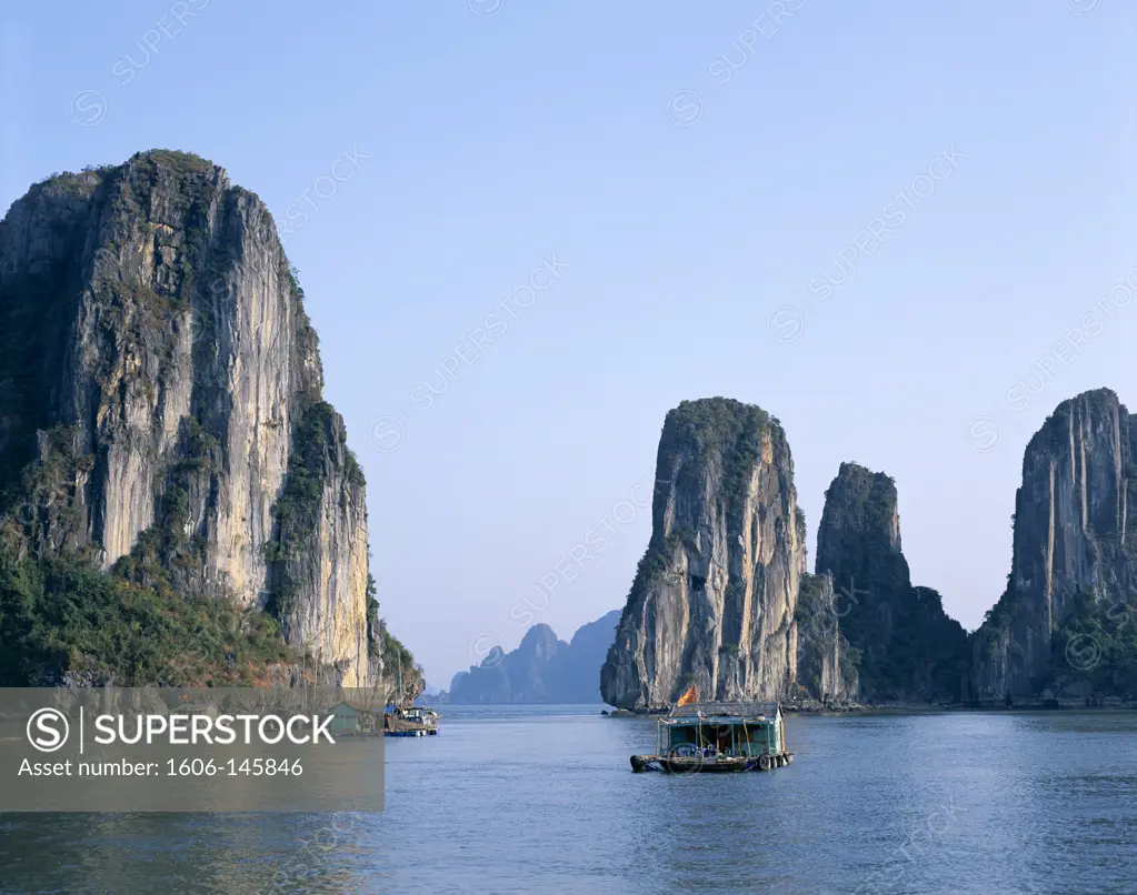 Vietnam, Halong Bay / Karst Limestone Rocks / House Boats