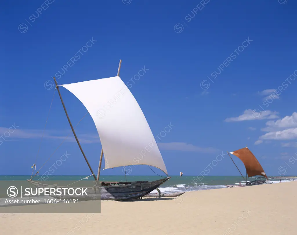 Sri Lanka, Negombo, Negombo Beach / Traditional Outrigger Fishing Boats