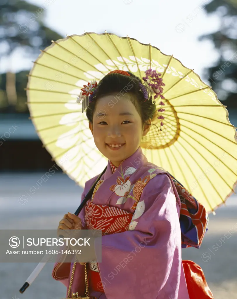 Japan, Honshu, Tokyo, Festival for Seven, Five, Three Year Old Children (Shichi-go-san) / Girl Dressed in Kimono