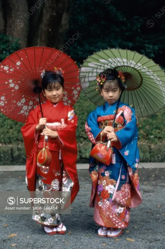 Japan, Honshu, Tokyo, Festival for Seven, Five, Three Year Old Children (Shichi-go-san) / Girls Dressed in Kimono