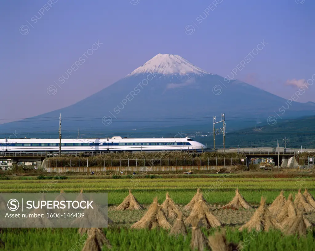 Japan, Honshu, Fuji, Mount Fuji / Bullet Train & Rice Fields