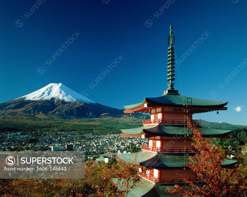Japan, Honshu, Hakone, Mount Fuji & Pagoda