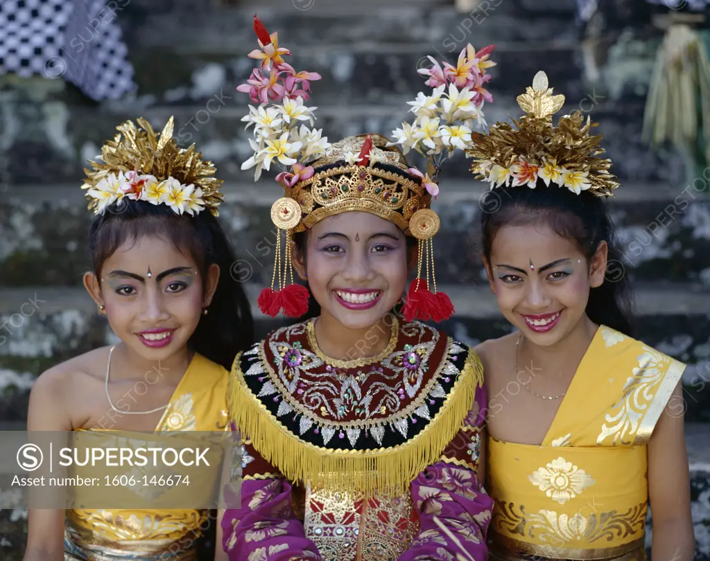Indonesia, Bali, Legong Dancers / Girls Dressed in Traditional Dancing Costume