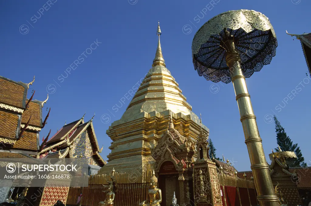 Thailand, Chiang Mai, Wat Doi Suthep / Central Chedi & Gold Umbrellas