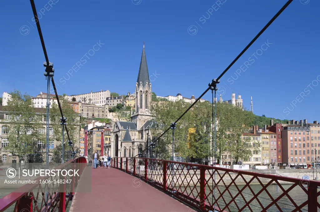 France, Rhone Valley, Lyon, City Skyline with Pont Bonaparte & Soane River