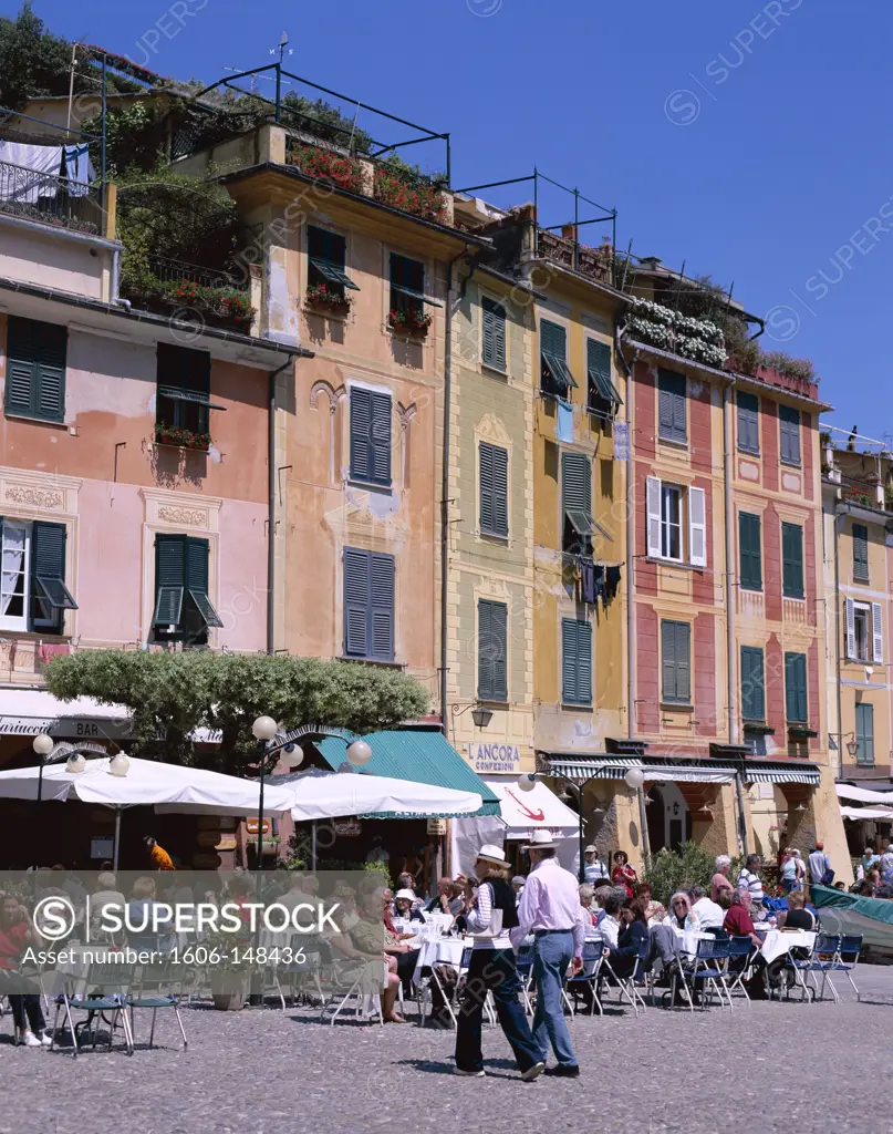 Italy, Liguria, Portofino, Pastel Coloured Houses & Outdoor Cafes