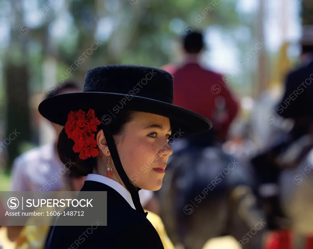 Spain, Andalusia, Jerez de la Frontera, Fiesta / Horse Fair / Woman Dressed in Andalucian Costume / Portrait