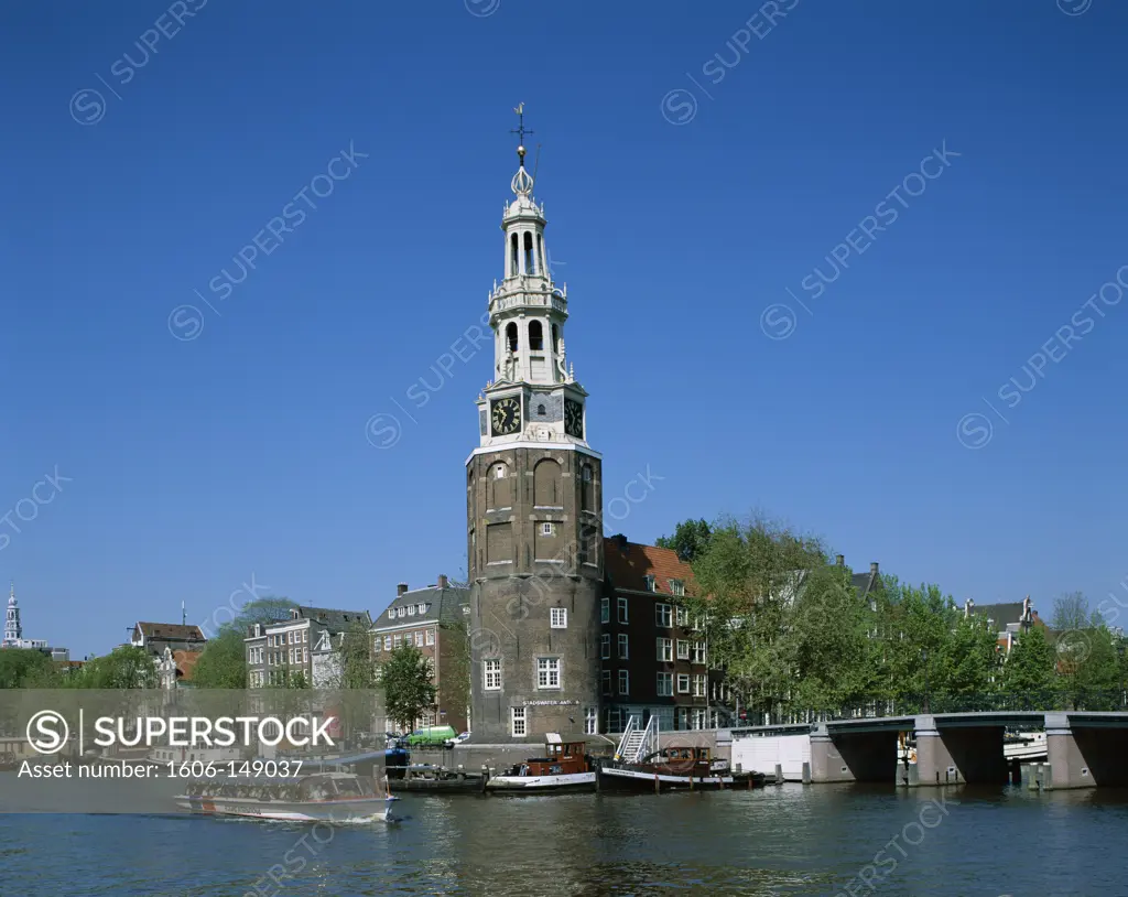 Holland (Netherlands), Amsterdam, Montelbaanstoren & Canal Tour Boats