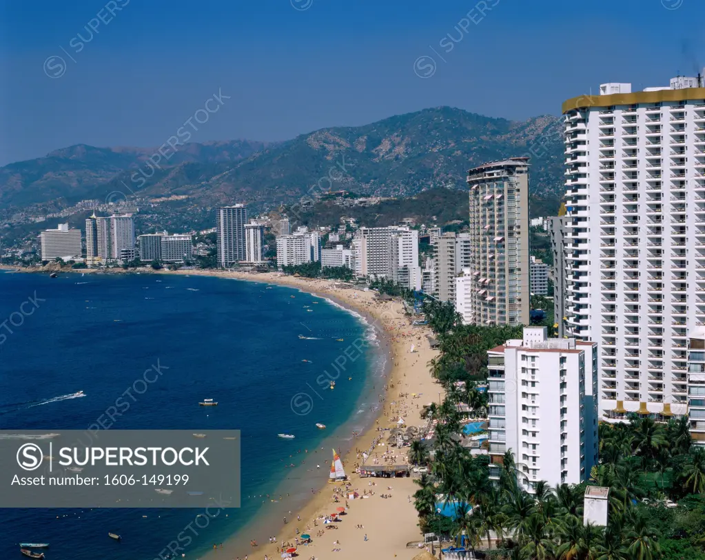 Mexico, Acapulco, Icacos Beach & City Skyline