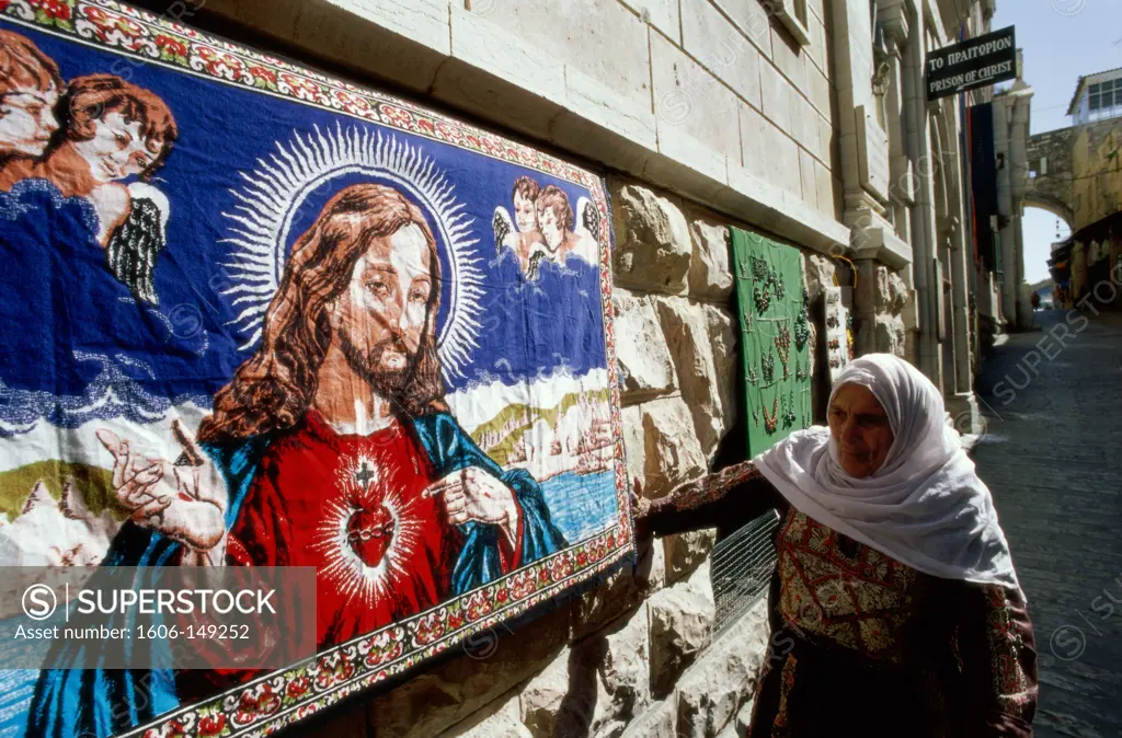 Israel, Jerusalem, Muslim Quarter / Via Dolorosa / Street Scene / Carpet of Jesus Christ / Local Arab Woman