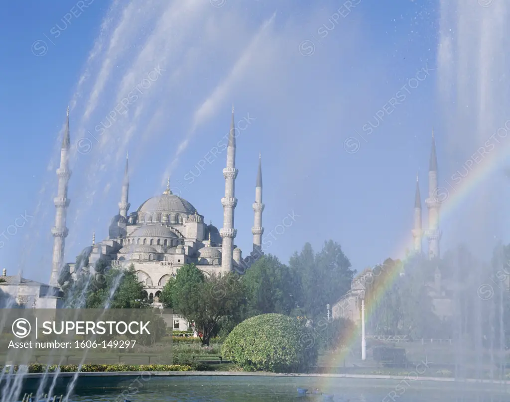 Turkey, Istanbul, Blue Mosque with Fountain & Rainbow