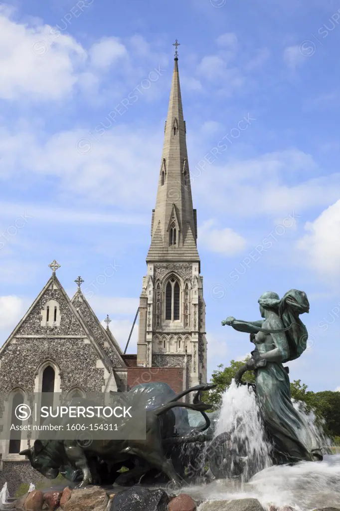 Denmark, Copenhagen, Gefion Fountain, St. Alban's Church,