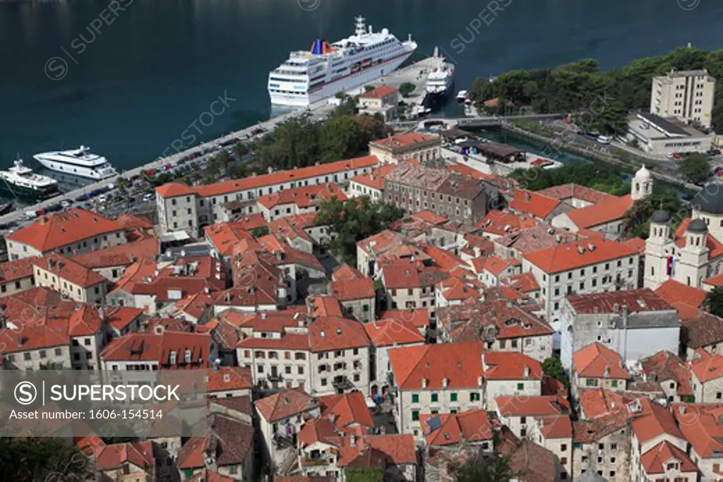Montenegro, Kotor, old town, bay, cruise ship, general aerial view,