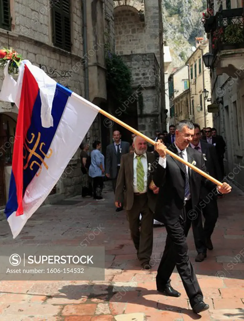 Montenegro, Kotor, wedding procession, people, flag bearer,