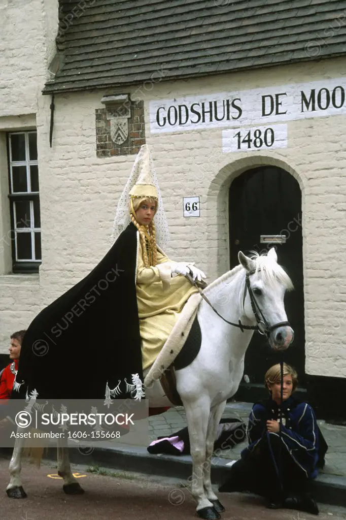 Belgium, Bruges, Pageant of the Golden Tree, festival, woman on horseback,