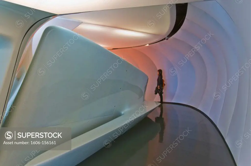 A futuristic tunnel-like passage leads visitors into the traveling art museum, Chanel Mobile Art (designed by architect Zaha Hadid), in its temporary Tokyo location in Olympic Plaza, located in the Harajuku district of Tokyo, Japan.