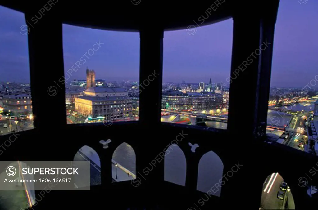 France, Paris ,the Seine river, city hall, Chatelet theater, Saint Jacques Tower, view from the Conciergerie Bell tower