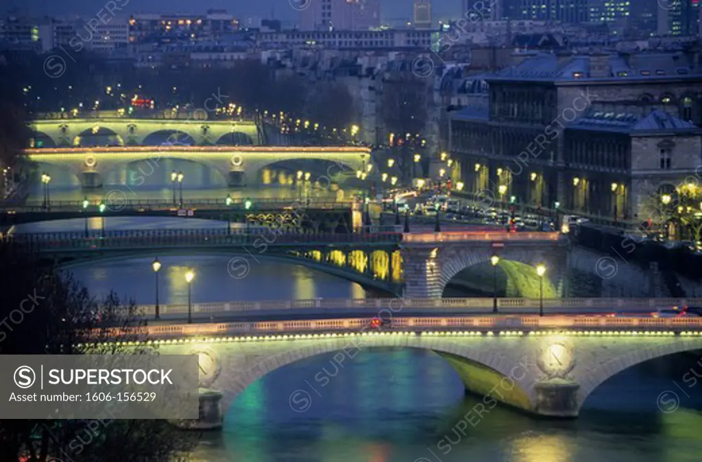 France, Paris, Seine river, bridges, Justice Palace by night