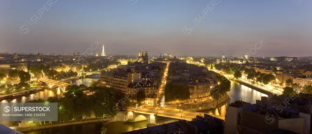 France, Paris, Panoramic view of Paris and Seine river at sunset