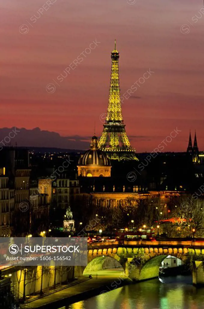 France, Paris, Eiffel tower, the Institut de France, the Seine river, bridges, the Theatre de la Ville at night