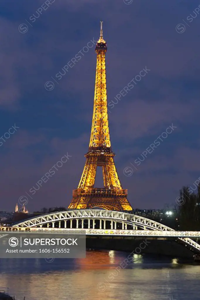 France, Paris, Eiffel Tower and RER bridge over the Seine river